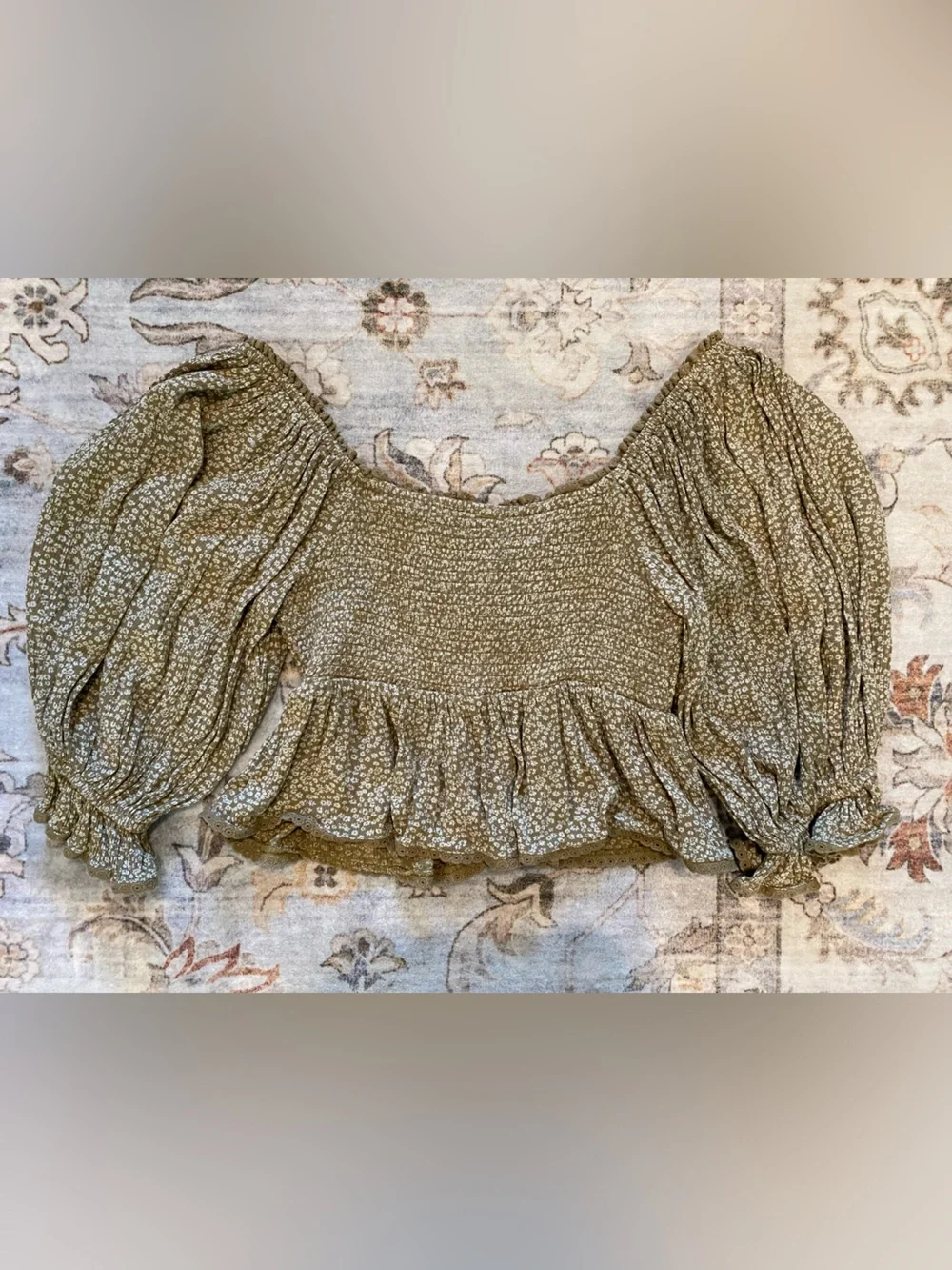 Free People Olive Floral Puff Sleeve Cropped Women's Top